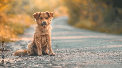 Solitary Canine on a Deserted Road Awaiting Fate at Sunset Generative AI