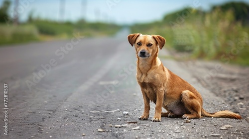 Solitary Canine on a Deserted Road Awaiting Fate at Sunset Generative AI