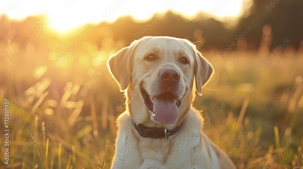 Golden Labrador Relishing the Sunset Glow in a Serene Field - Generative AI