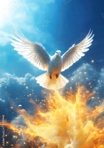 white pigeon flying on blue sky while emitting fire flame realistic illustration