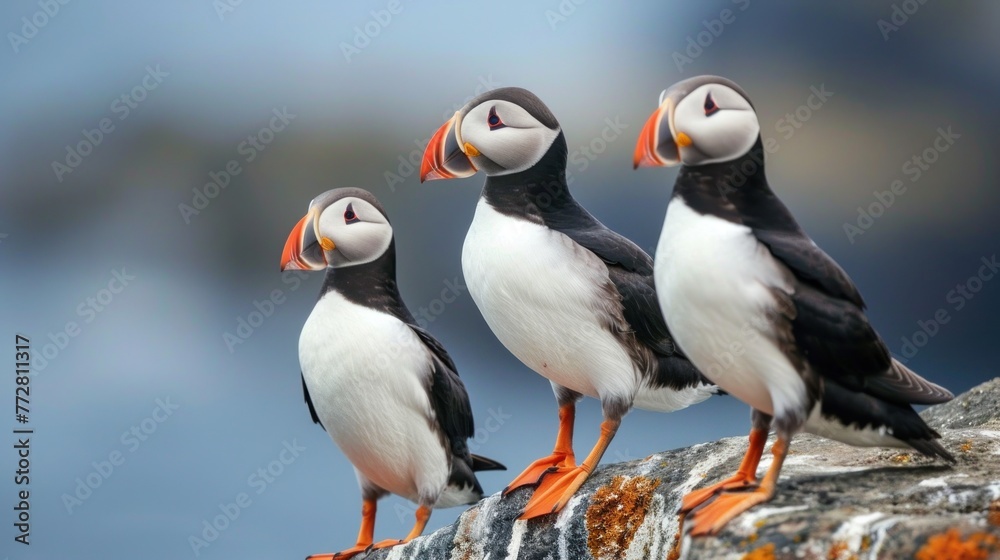 Fototapeta premium Trio of Atlantic Puffins on a Clifftop Overlooking the Serene Ocean Generative AI
