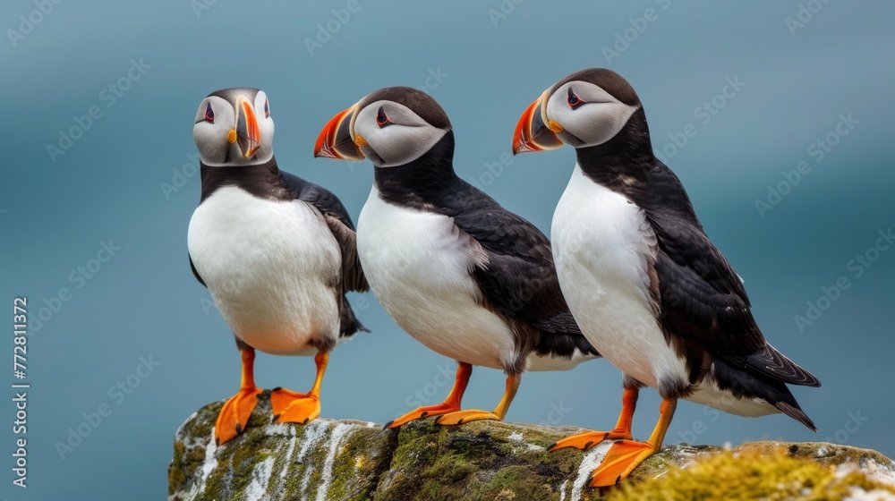 Trio of Atlantic Puffins on a Clifftop Overlooking the Serene Ocean Generative AI Trio of Atlantic Puffins on a Clifftop Overlooking the Serene Ocean Generative AI