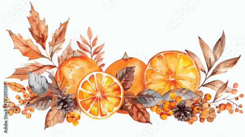 Autumn watercolor illustration with dry orange leaves