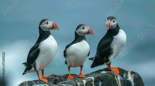 Trio of Atlantic Puffins on a Clifftop Overlooking the Serene Ocean Generative AI