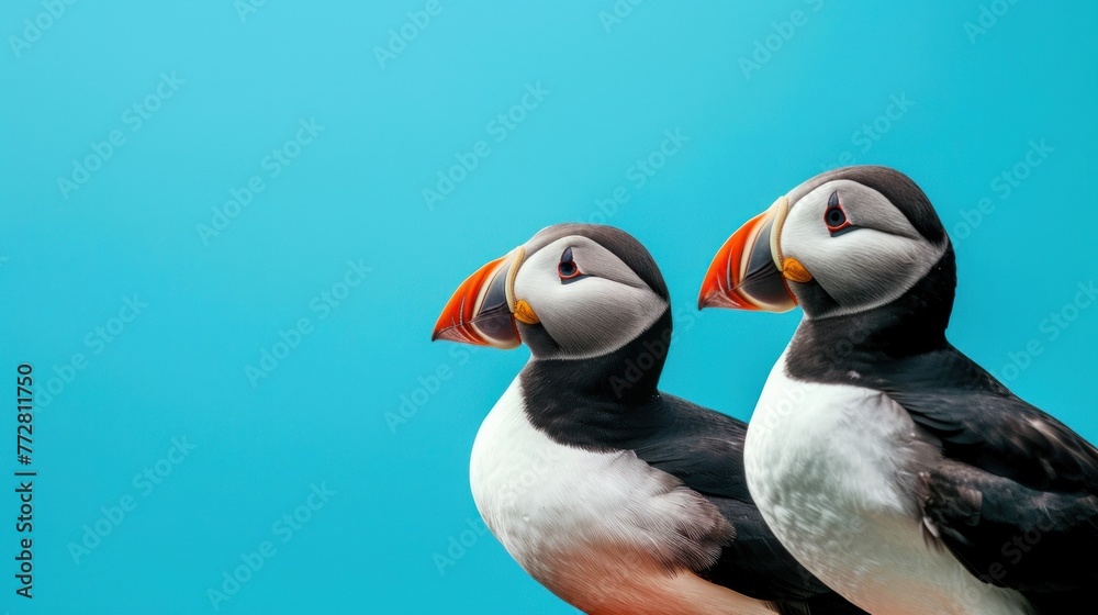 Naklejka premium Trio of Atlantic Puffins on a Clifftop Overlooking the Serene Ocean Generative AI