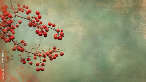 Berry Branch Delight  Revel in the Beauty of Vibrant Red Berries on Branches Against a Textured Green Background  Creating Nature Decor Art that Radiates Tranquility and Elegance.