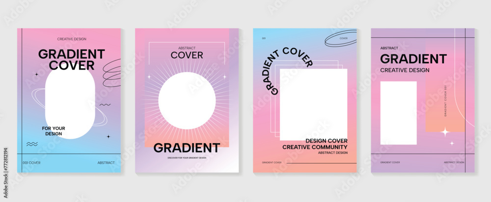 Naklejka premium Gradient abstract cover background vector set. Minimalist style cover template with geometric shapes, frame, colorful and liquid color. Modern wallpaper design perfect for social media, idol poster.