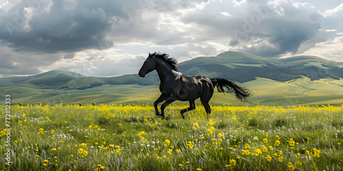 Beautiful Horse, Majestic horse galloping on green plain with mountains in the background © Aoun