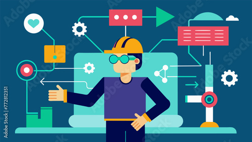 An AR display highlighting a complex assembly process with virtual arrows and text guiding the worker to prevent mistakes.