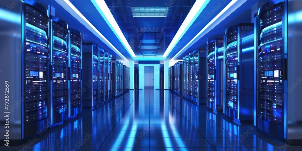 Shot of Corridor in Working Data Center Full of Rack Servers and Supercomputers with High Internet Visualisation Projection.