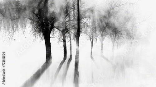 Misty forest with bare trees in black and white