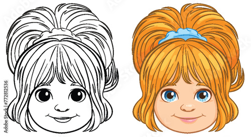 Black and white and colored cartoon girl illustrations.