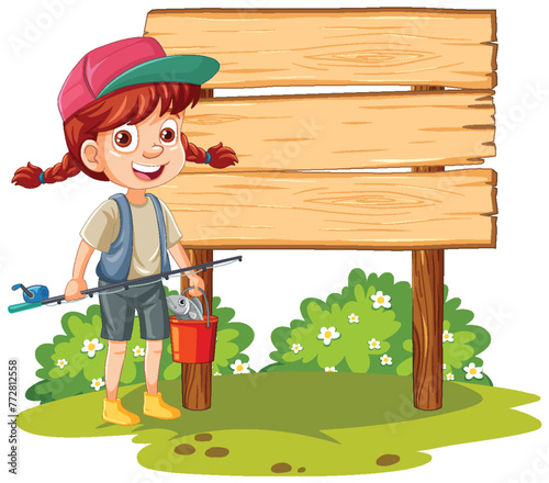 Smiling girl with paint and brush by signboard