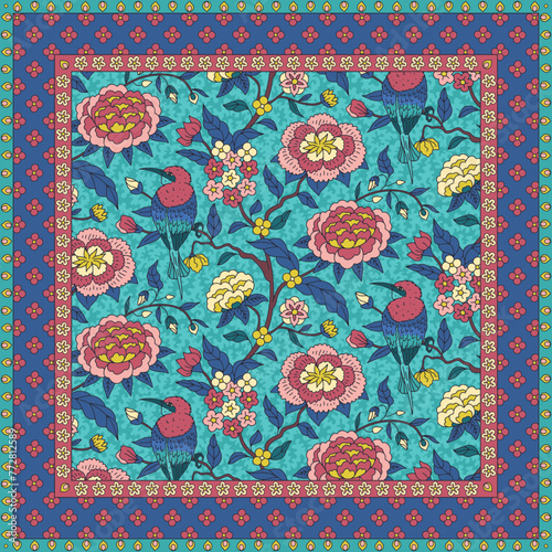 Scarf design with ethnic indian trailing flowers and birds motifs. Persian boho chic floral background. Tribal textile print.
