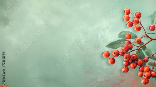 Berry Branch Delight: Revel in the Beauty of Vibrant Red Berries on Branches Against a Textured Green Background, Creating Nature Decor Art that Radiates Tranquility and Elegance.