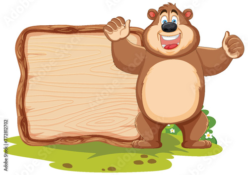 Happy cartoon bear presenting an empty signboard.