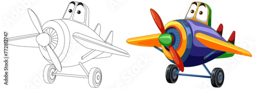 Vector illustration of a plane, black and white to color