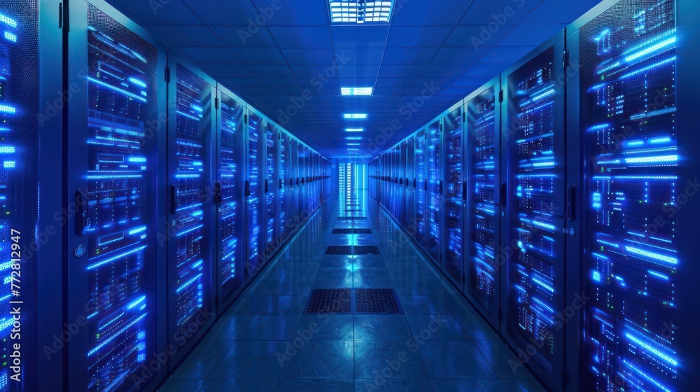 Shot of Corridor in Working Data Center Full of Rack Servers and Supercomputers with High Internet Visualisation Projection. Shot of Corridor in Working Data Center Full of Rack Servers and Supercomputers with High Internet Visualisation Projection.