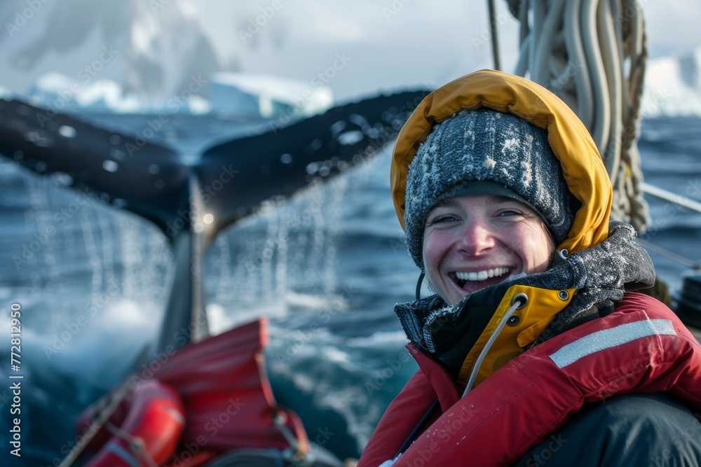 
Close-up portrait of a joyous person on board a ship, their face beaming with happiness, while the blurred silhouette of a whale's tail emerges gracefully from the frigid sea behind them, capturing a