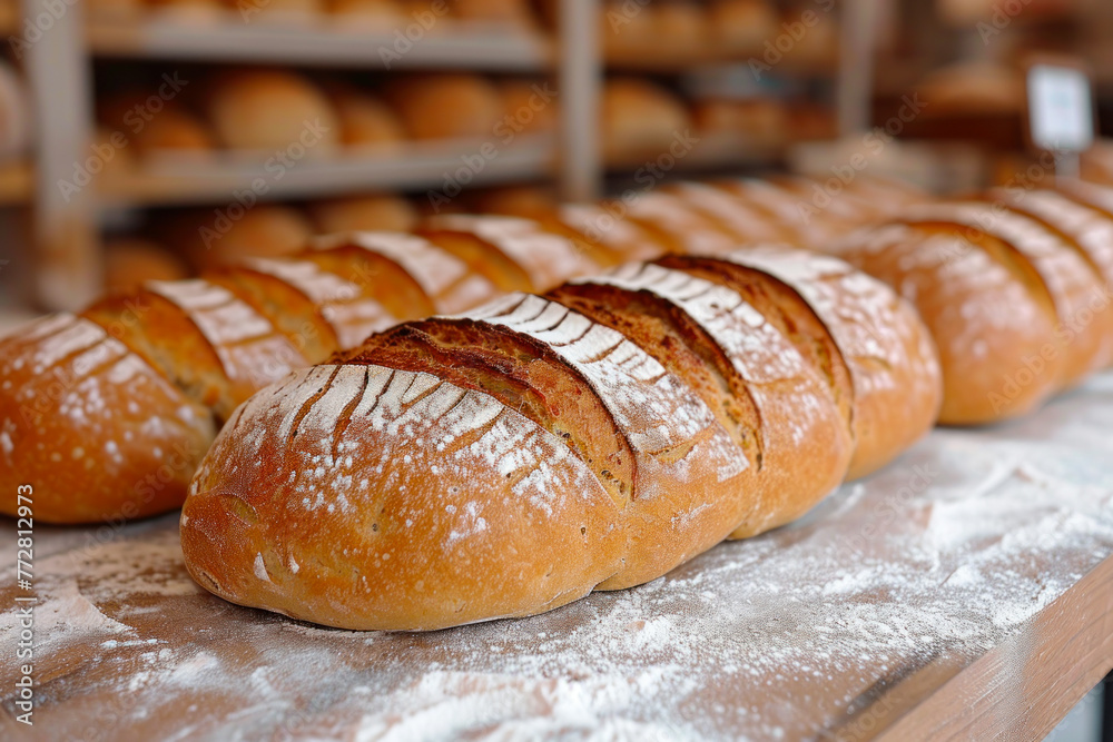 Artisan Sourdough Bread Loaves on Display. Artisan Sourdough Bread Loaves on Display.