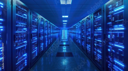 Shot of Corridor in Working Data Center Full of Rack Servers and Supercomputers with High Internet Visualisation Projection.