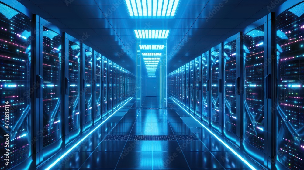 Shot of Corridor in Working Data Center Full of Rack Servers and Supercomputers with High Internet Visualisation Projection. Shot of Corridor in Working Data Center Full of Rack Servers and Supercomputers with High Internet Visualisation Projection.