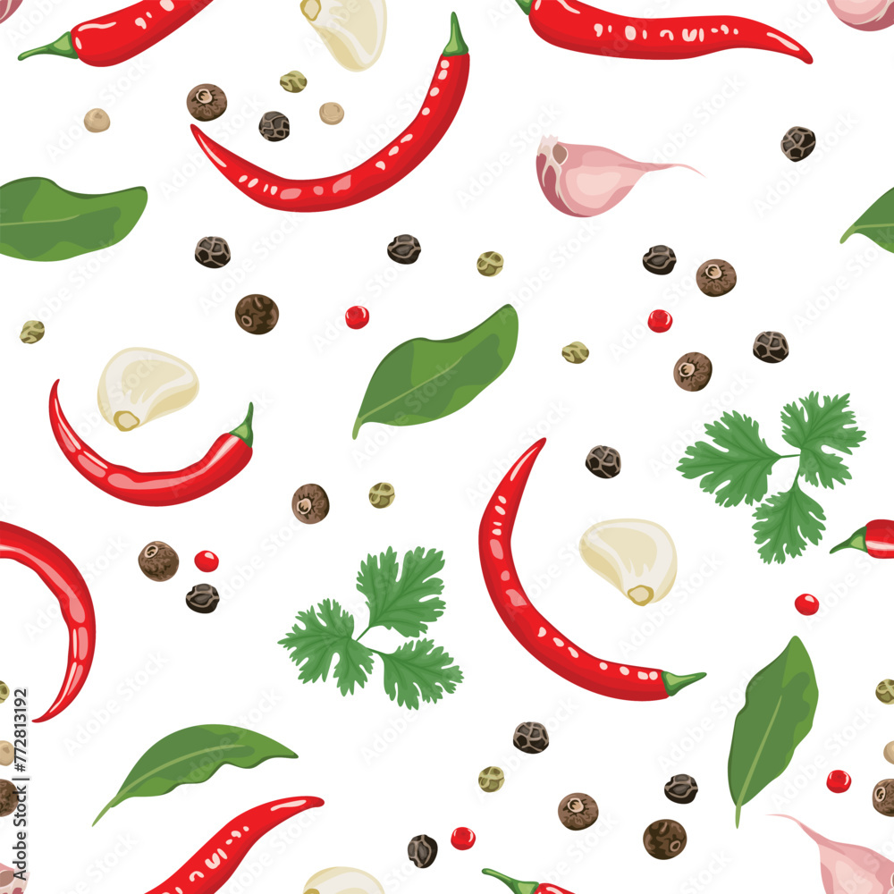 Fototapeta premium Spice and herbs seamless pattern. Background with cilantro green leaf, chili, garlic, allspice, peppercorn and Bay leaf. Vector cartoon illustration.