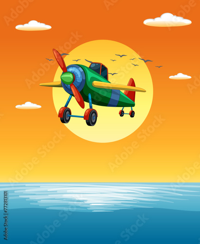 Colorful old-fashioned airplane soaring in the sky