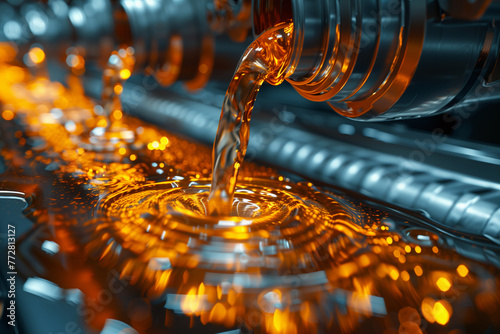 A high-speed capture of lubricant oil swirling around the gears of a car engine, highlighting the dynamic nature of friction reduction and heat dissipation