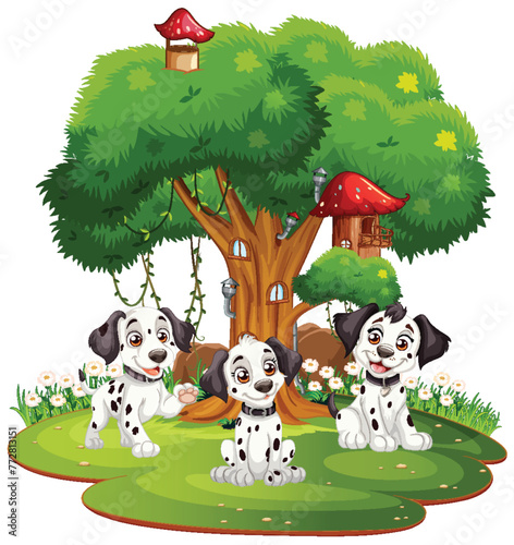 Three spotted puppies enjoying playtime under a tree