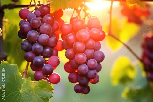 Grapes image, Grapes on a branch in the garden at sunset, A branch with natural grapes against a blurred background, Ai generated