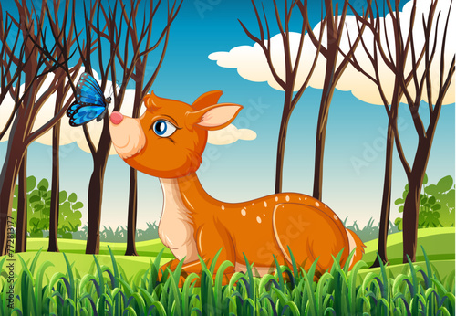 Cute deer interacting with a butterfly in woods