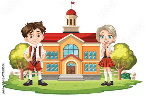 Two cartoon children smiling in front of a school.