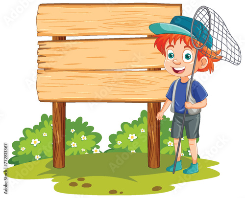 Cheerful kid standing by a wooden sign outdoors