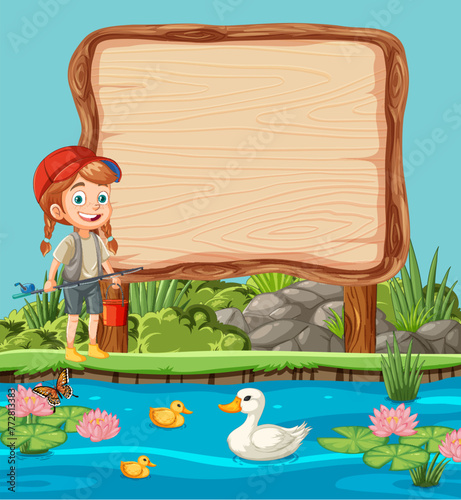 Cartoon of a smiling child near a wooden signboard