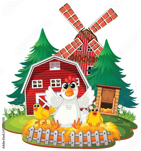 A cheerful hen with chicks outside a red barn.