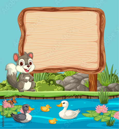 Squirrel, ducks, and signboard by a tranquil pond
