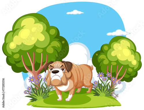 Cartoon bulldog standing in a lush green park