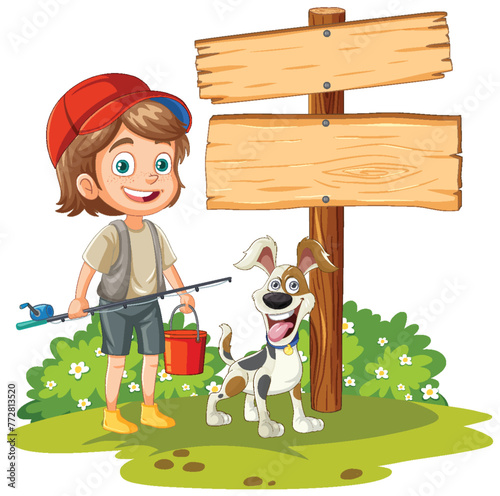 Smiling boy with dog near blank signpost outdoors