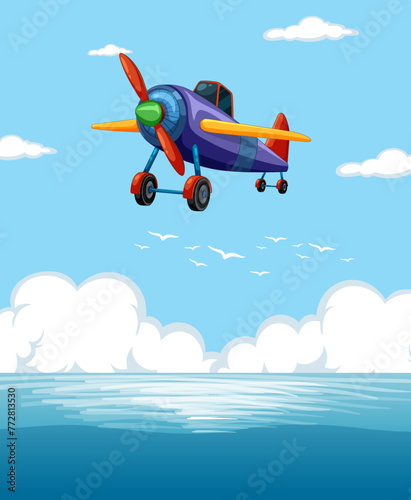 A vibrant airplane flying above the clouds