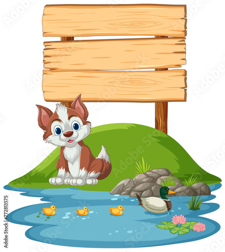 Cartoon dog and duck near a wooden signboard.