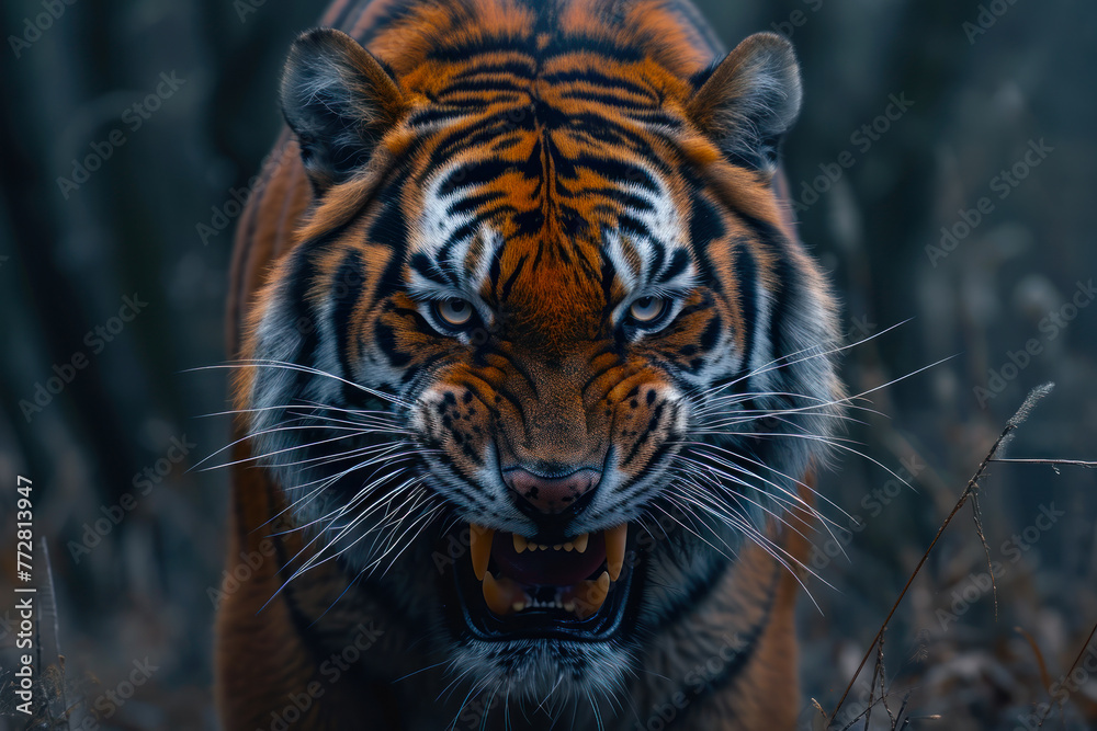 Fototapeta premium Tiger Showcasing Fierce Stance in Nature.