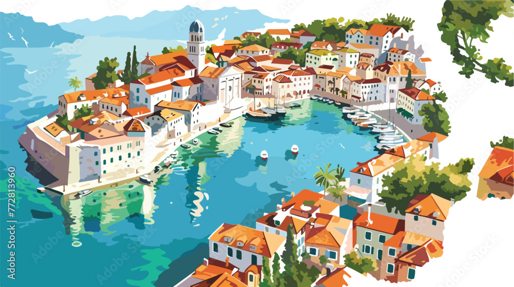 Bird eye view of sea Port of Kotor Montenegro flat vector - obrazy, fototapety, plakaty 