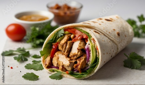 a perfect chiken shwarma wrap, depth of field, white background