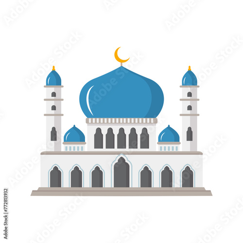 Vector cartoon flat islamic mosque. Ramadan muslim icon isolated on white background. Arabian mosque building with minarets. Eid Al-Fitr illustration. photo