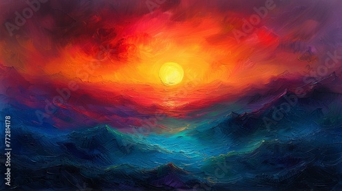 Colorful abstract sunset seascape painting