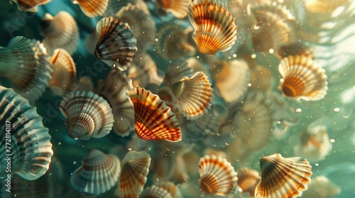 Close-up of seashell background. View from above. AI generative.