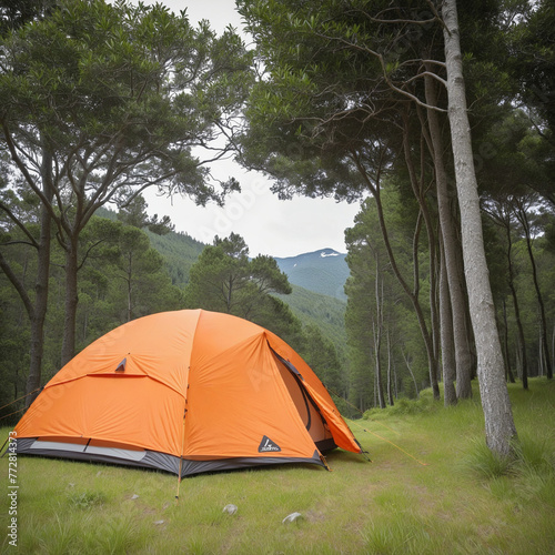 A orange camping tent isolated on transparent background colorful background