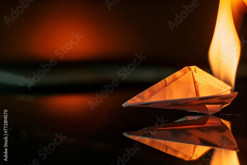 paper plane ablaze on a reflective surface