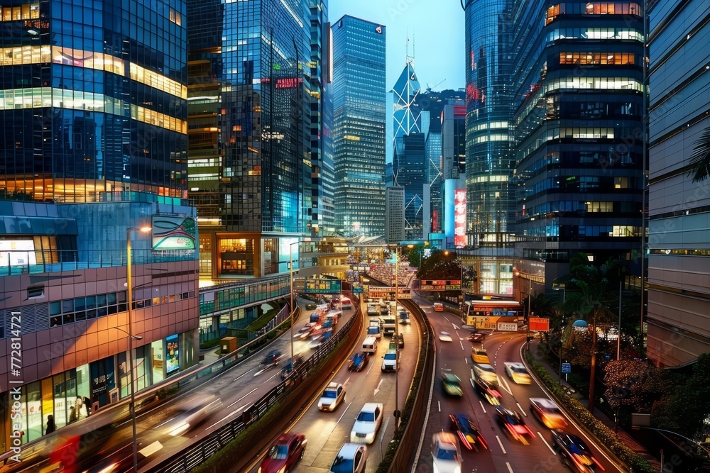Obraz premium A bustling cityscape at dusk, with illuminated office buildings and streams of cars on the busy streets below, capturing the energy of the working hour, Generative AI